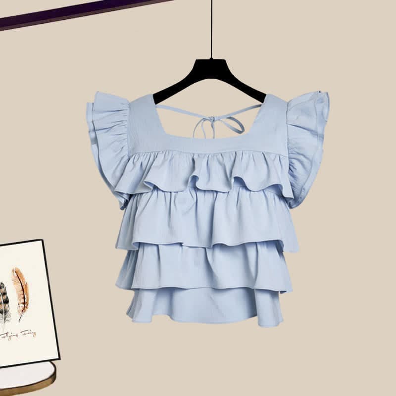 Sqaure Collar Lace Up Layered Top Blue Pantskirt - Blue Top