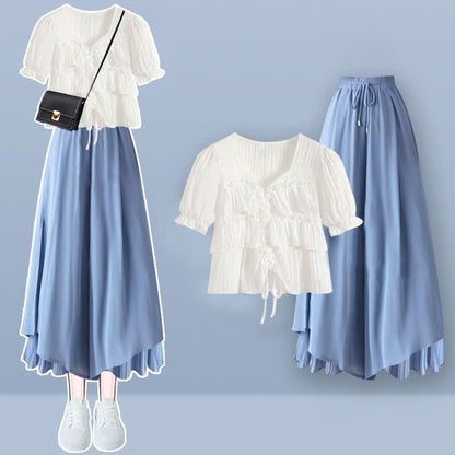 Sqaure Collar Puff T-Shirt Split Pantskirt