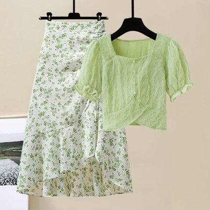 Sqaure Collar Pure Color T-Shirt Floral Print Skirt Set