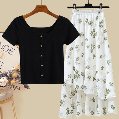 Sqaure Collar Pure Color T-Shirt Floral Print Skirt Set