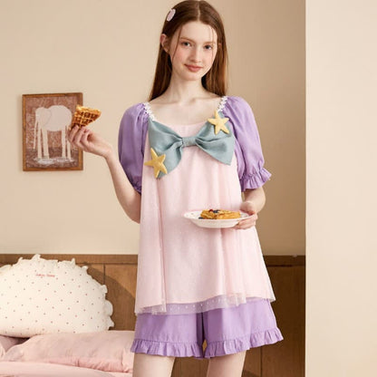 Square Collar Bowknot Mesh Mermaid Nightgown Pajamas Set