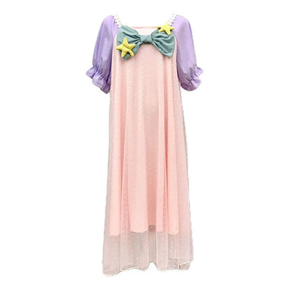 Square Collar Bowknot Mesh Mermaid Nightgown Pajamas Set