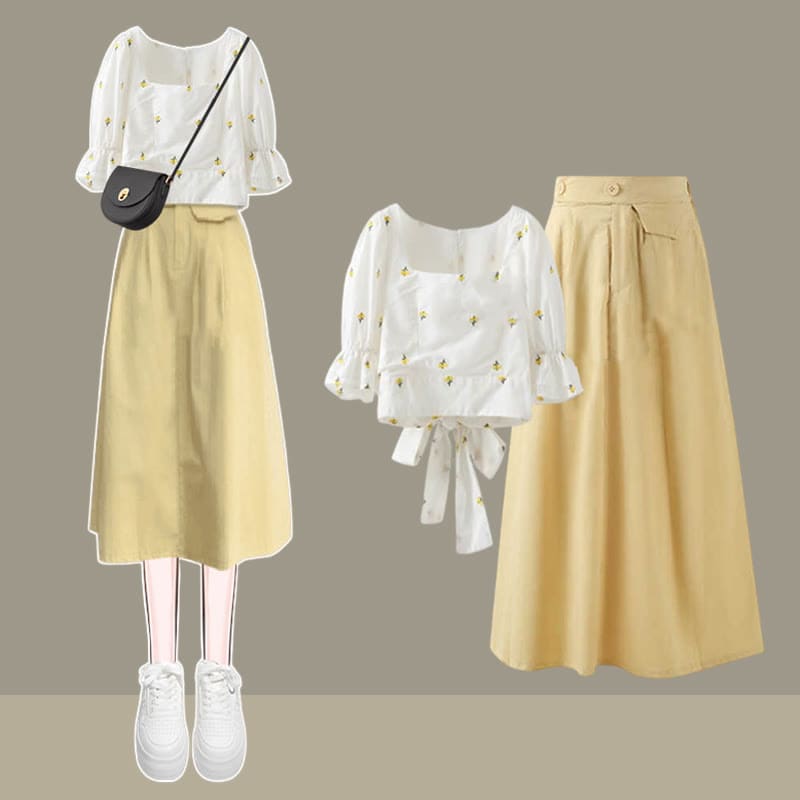 Square Collar Floral Print T-Shirt Pure Color Skirt - Set