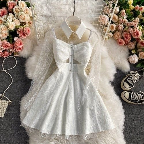 Square Collar Lace Hollow Out Summer Sexy White Dress