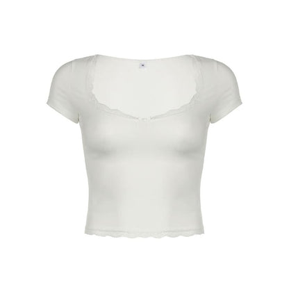 Square-cut Collar Lace Trim Top - short sleeve tops