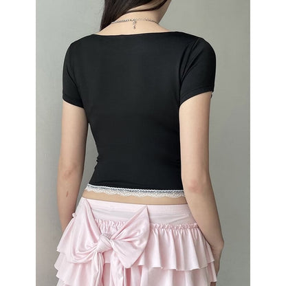 Square-cut Collar Lace Trim Top - short sleeve tops