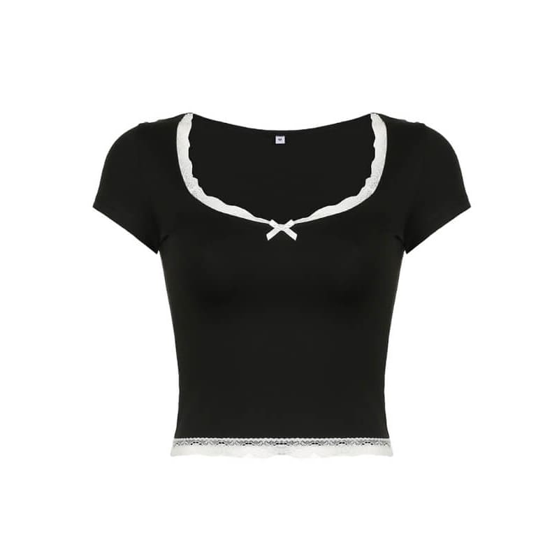 Square-cut Collar Lace Trim Top - short sleeve tops
