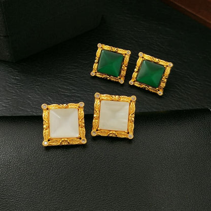 Square Faux Cat Eye Stone Rhinestone Alloy Stud Earring