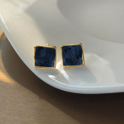 Square Glaze Alloy Stud Earring - 1 Pair - S925 Silver