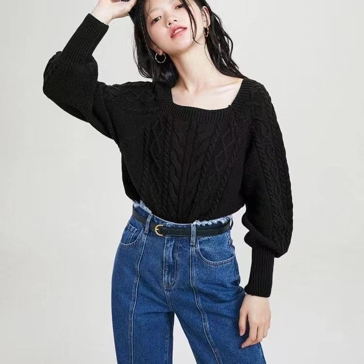 Square-Neck Cable-Knit Loose Sweater in 13 Colors