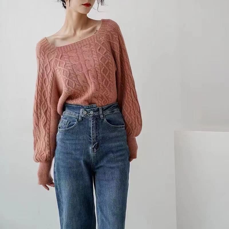 Square-Neck Cable-Knit Loose Sweater in 13 Colors