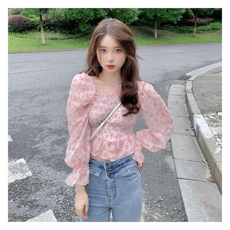 Square Neck Floral Cropped Blouse