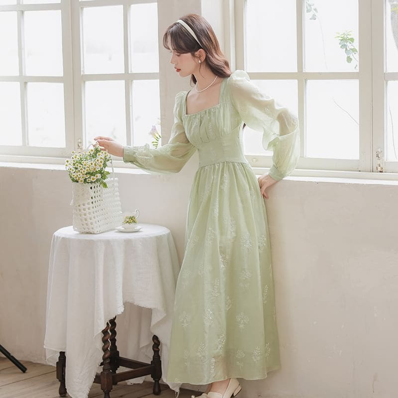 Square Neck Long Sleeve Embroidered Midi A-Line Dress