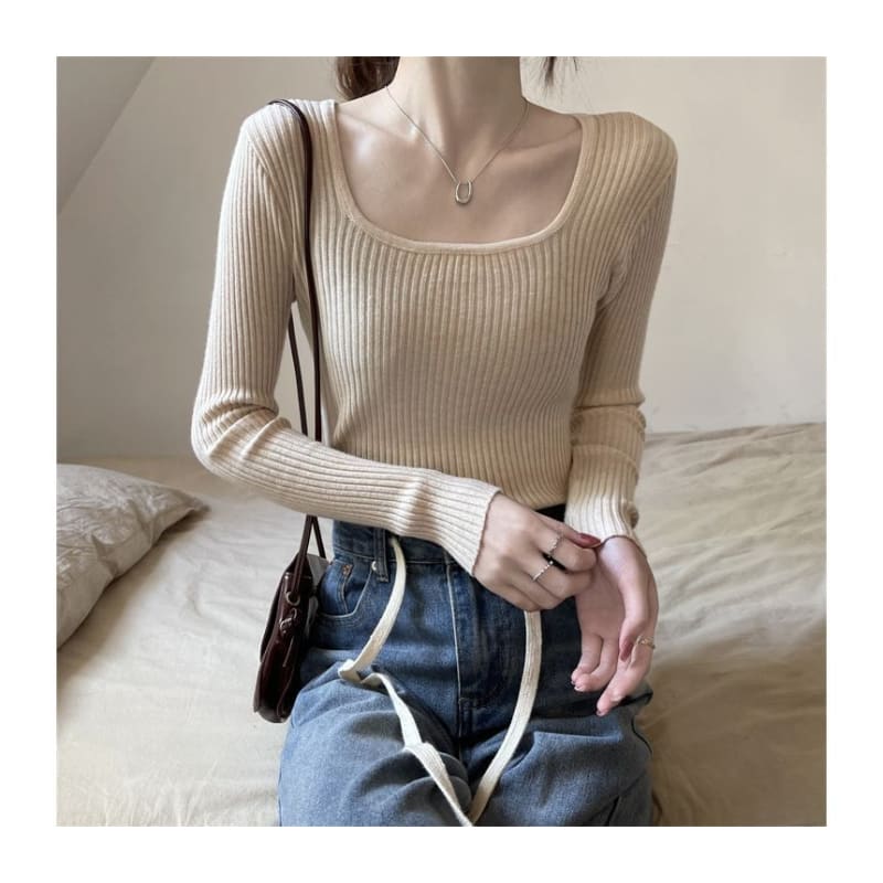 Square Neck Plain Knit Top