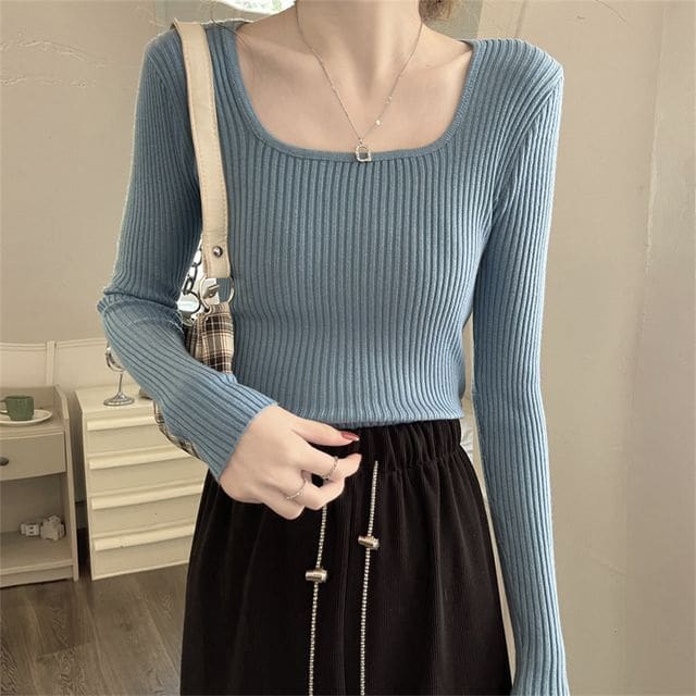 Square Neck Plain Knit Top - Blue / One Size