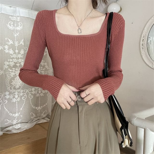 Square Neck Plain Knit Top - Brick Red / One Size