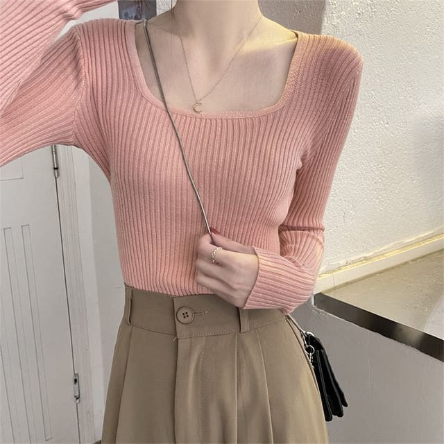 Square Neck Plain Knit Top - Pink / One Size