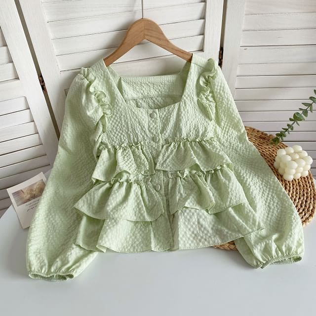 Square Neck Plain Ruffle Trim Blouse - Light Green