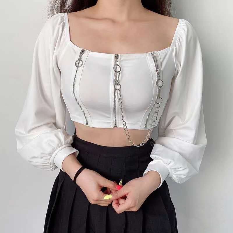 Square-Neck Plain Zip Cropped Top