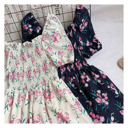 Square-Neck Puff-Sleeve Ruched Floral A-Line Dress