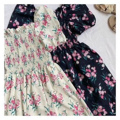 Square-Neck Puff-Sleeve Ruched Floral A-Line Dress