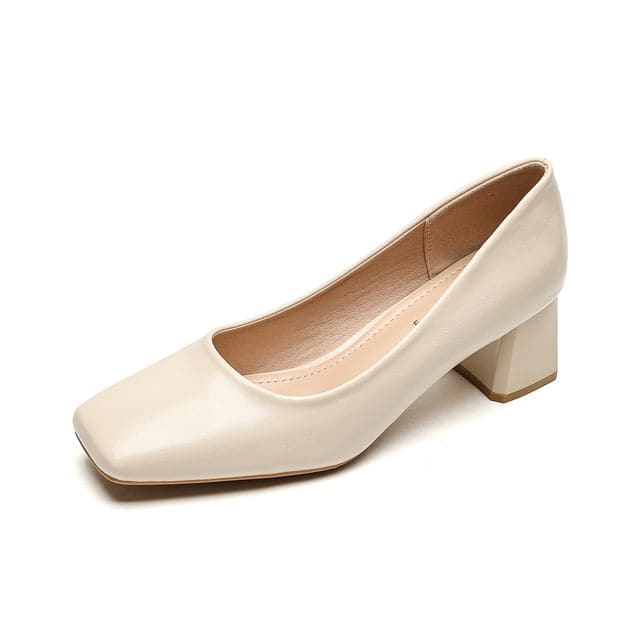 Square Toe Block Heel Pumps - Almond / 34