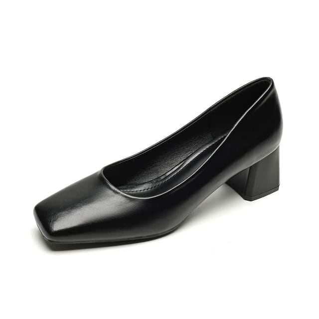 Square Toe Block Heel Pumps - Black / 34