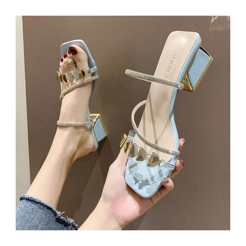 Square-Toe Block Heel Rhinestone Slide Sandals