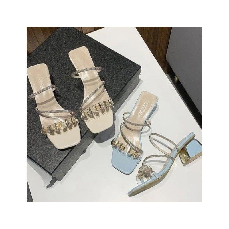 Square-Toe Block Heel Rhinestone Slide Sandals