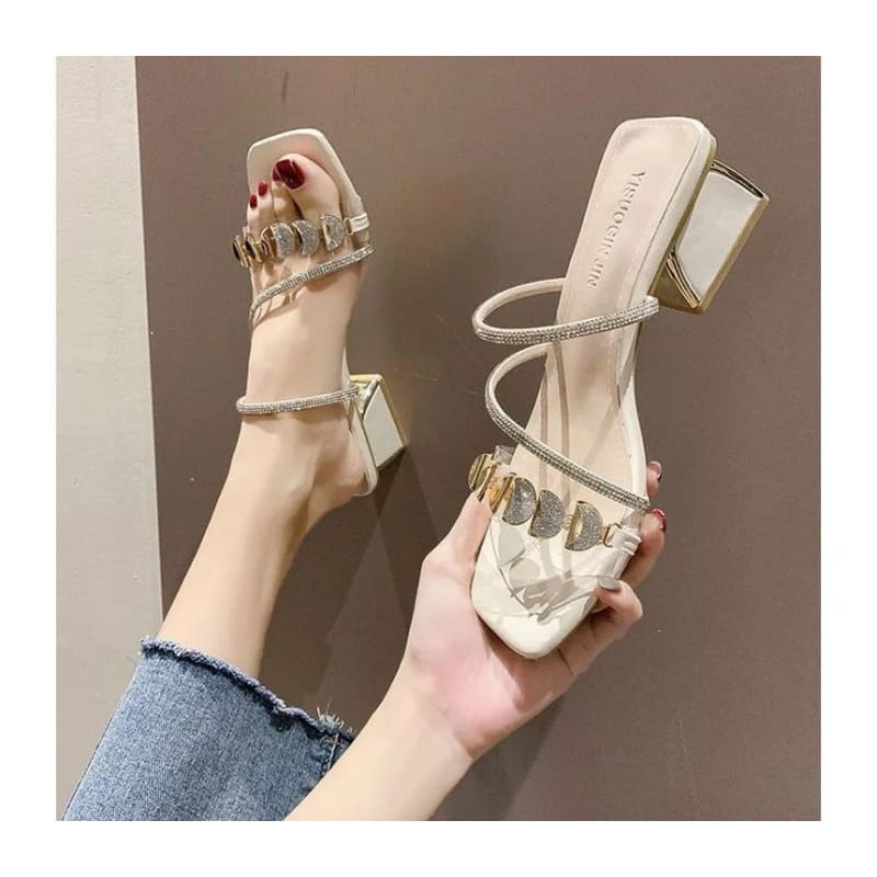 Square-Toe Block Heel Rhinestone Slide Sandals