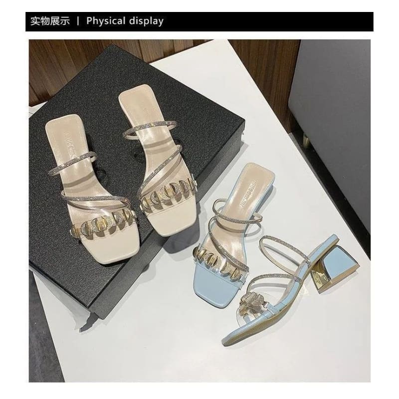 Square-Toe Block Heel Rhinestone Slide Sandals