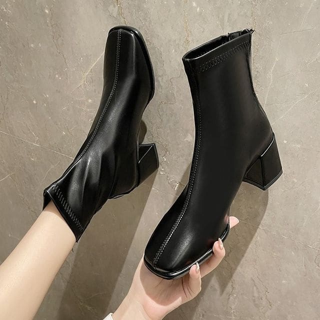 Square Toe Chunky Heel Boots - Shoes