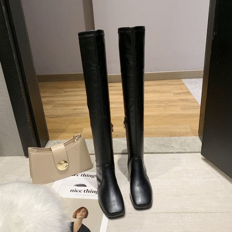 Square-Toe Chunky Heel Over-the-Knee Boots - Shoes