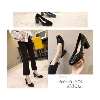 Square-Toe Chunky Heel Patent Pumps - Shoes