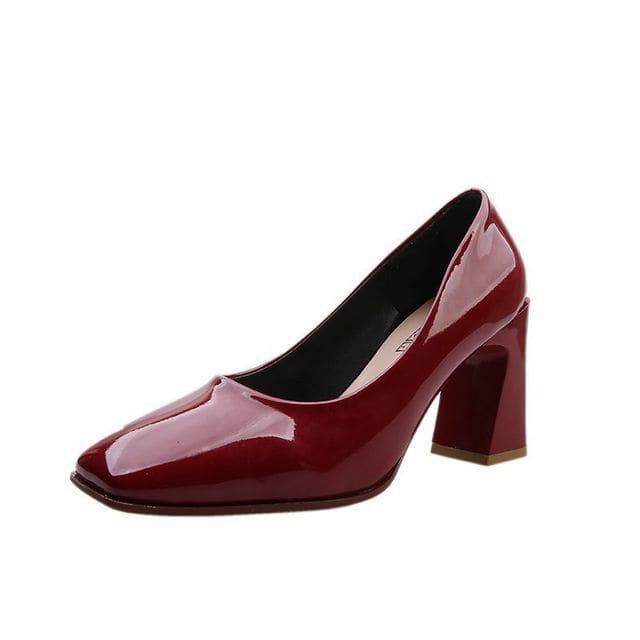 Square-Toe Chunky Heel Patent Pumps - Wine Red / 34 - Shoes