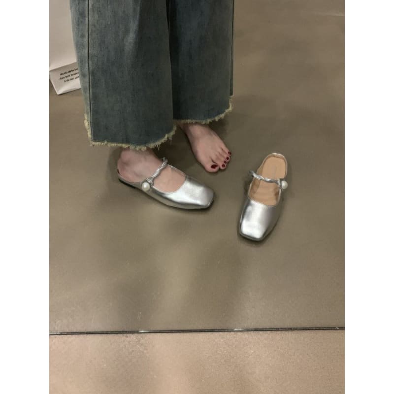 Square-Toe Faux Pearl Buttoned Mules