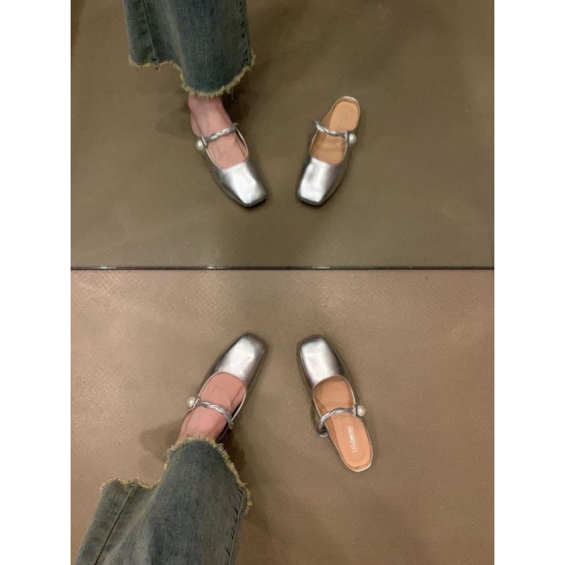 Square-Toe Faux Pearl Buttoned Mules