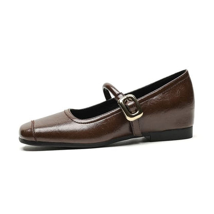 Square Toe Mary Jane Flats - Brown / 34