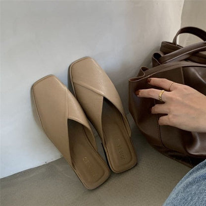 Square Toe Plain Mules - Khaki / 34