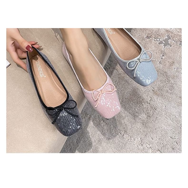 Square Toe Sequin Bow Accent Flats