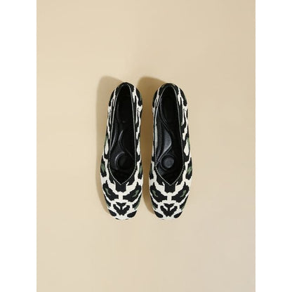 Square Toe Woven Flats - Leopard - White & Green & Black