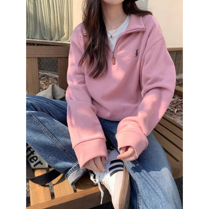 Stand Collar Embroidered Sweatshirt - Pink / One Size