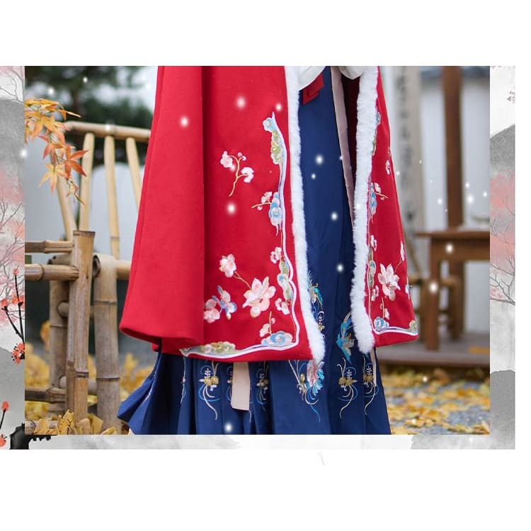 Stand Collar Floral Embroidered Fluffy Trim Tie Front Hanfu