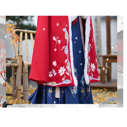 Stand Collar Floral Embroidered Fluffy Trim Tie Front Hanfu