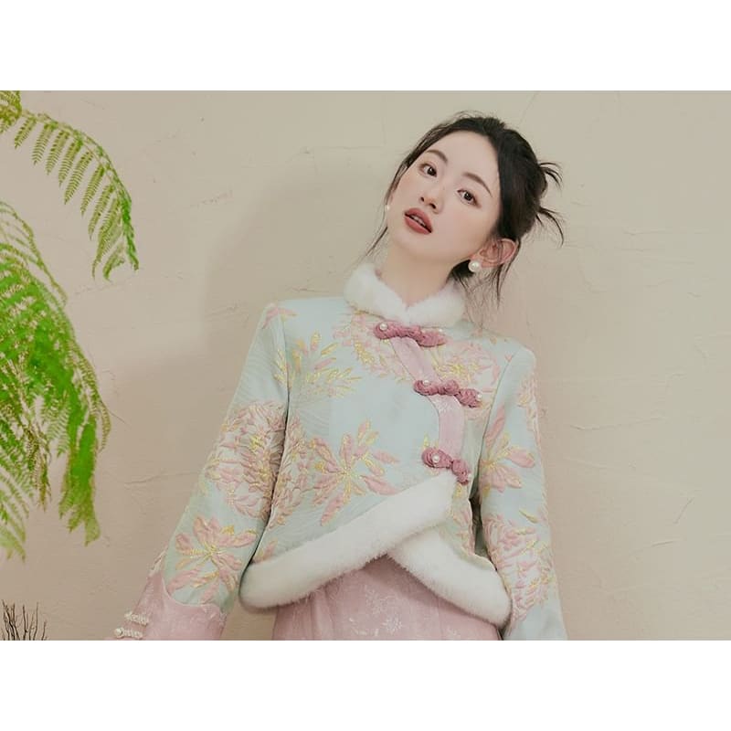 Stand Collar Floral Patterned Fluffy Panel Jacquard Frog