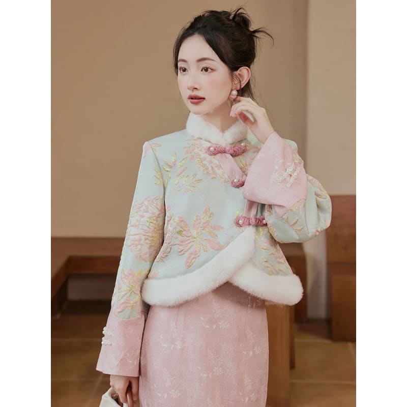 Stand Collar Floral Patterned Fluffy Panel Jacquard Frog