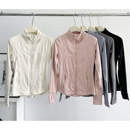 Stand Collar Plain Zip Yoga Jacket - Nude Pink / S