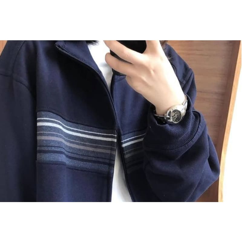 Stand Collar Striped Zip Jacket