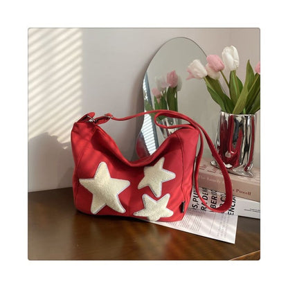 Star Applique Color Block Light Nylon Zipper Crossbody Bag