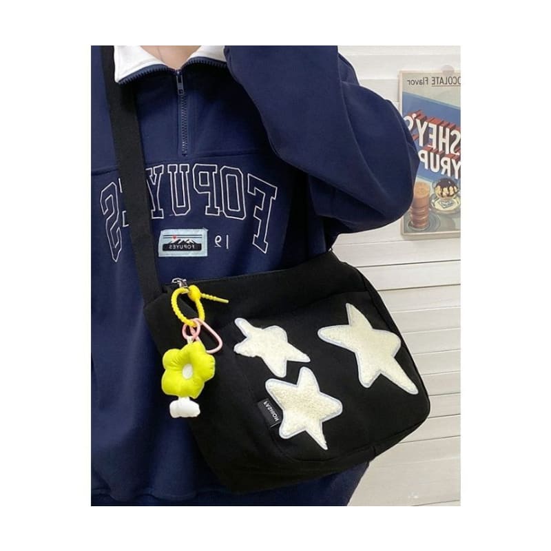 Star Applique Color Block Light Nylon Zipper Crossbody Bag